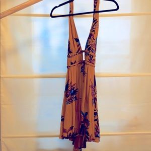 Open back, halter brown floral dress